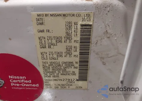 2015 Nissan Murano Platinum z USA, uszkodzony, nr VIN 5N1AZ2MH7FN279122